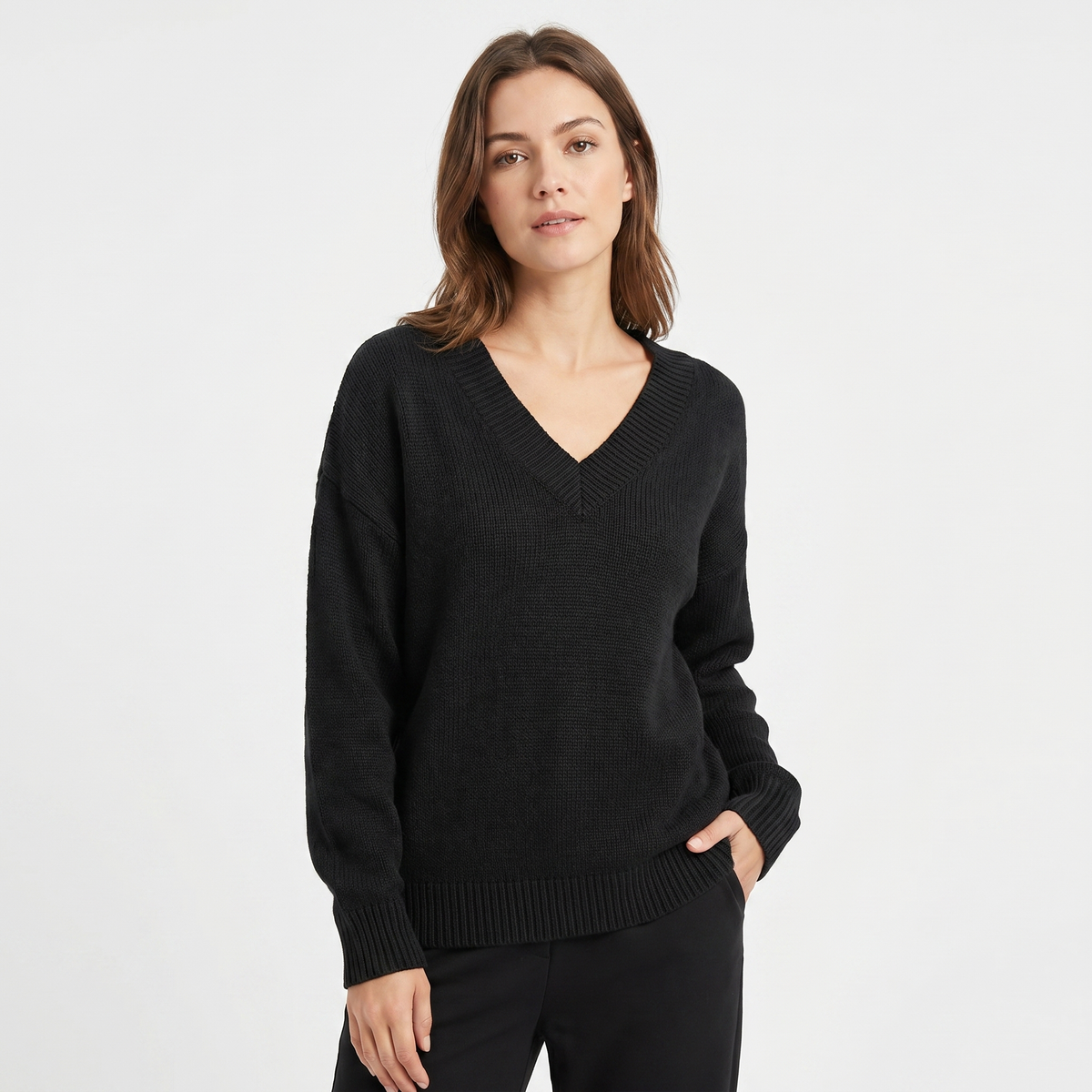 Women's V-Neck Oversized Knit Sweater Longline Relaxed-Fit Soft Wool Blend