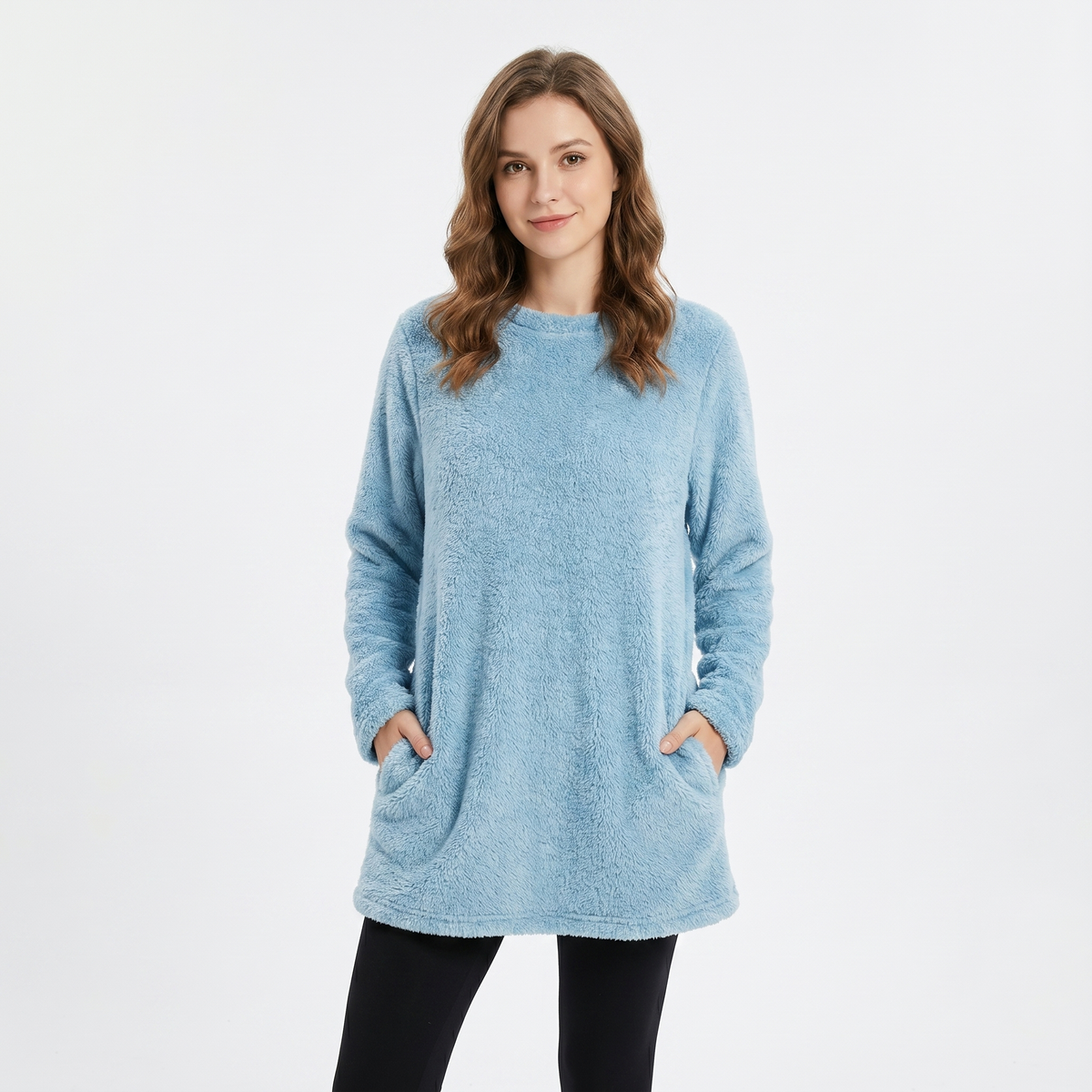 Women's Fluffy Fleece Tunic Top Oversized Crew-Neck Sherpa Lounge Pullover