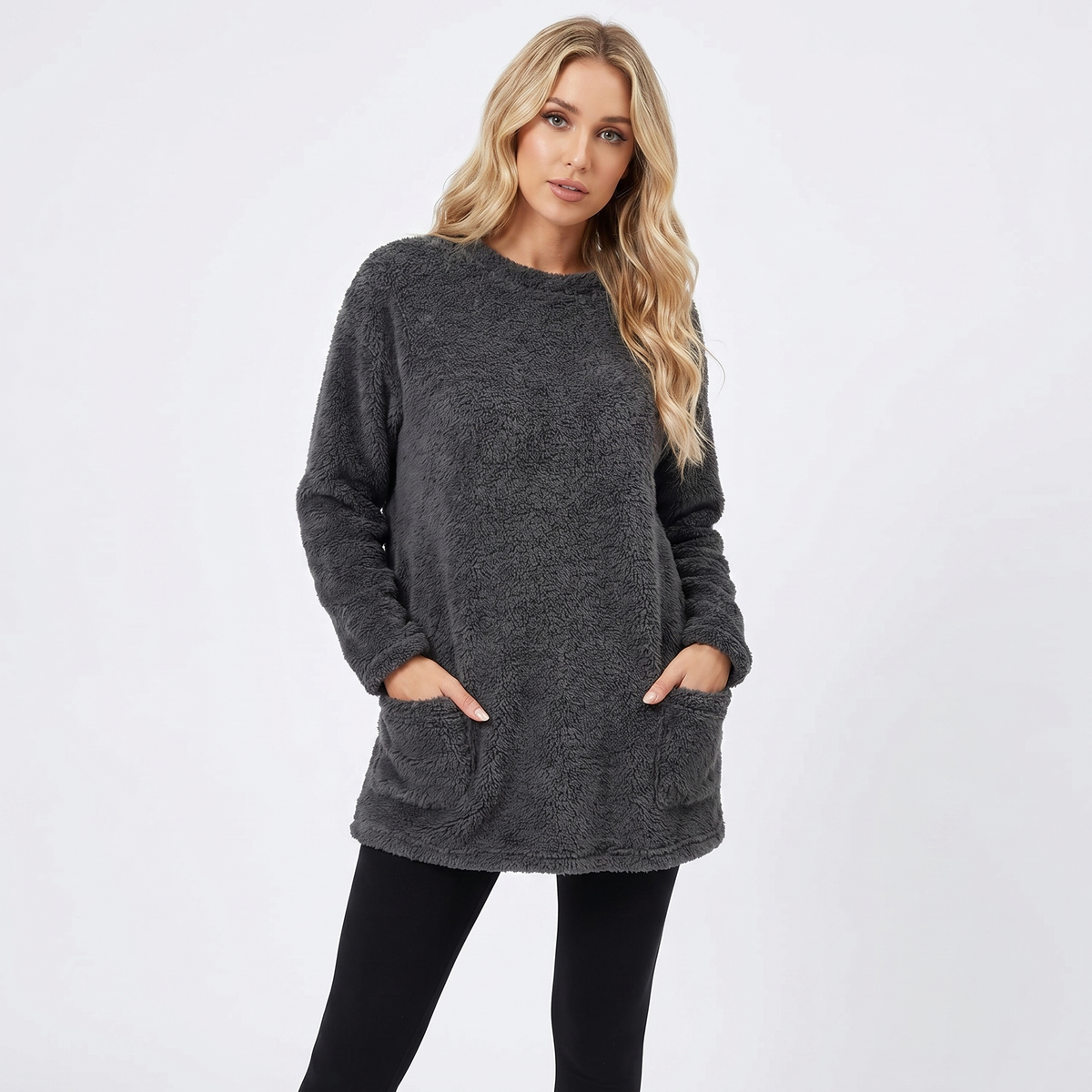 Women's Fluffy Fleece Tunic Top Oversized Crew-Neck Sherpa Lounge Pullover