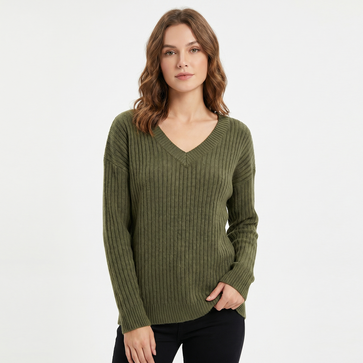 Women's Ribbed V-Neck Long-Sleeve Soft Knit Pullover Winter Sweater