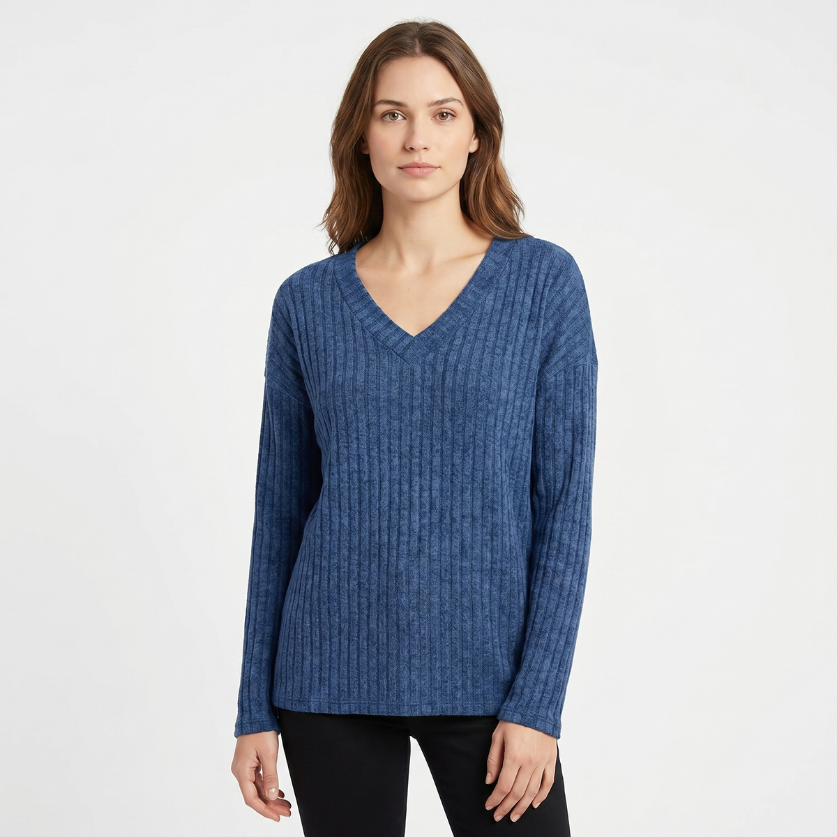 Women's Ribbed V-Neck Long-Sleeve Soft Knit Pullover Winter Sweater