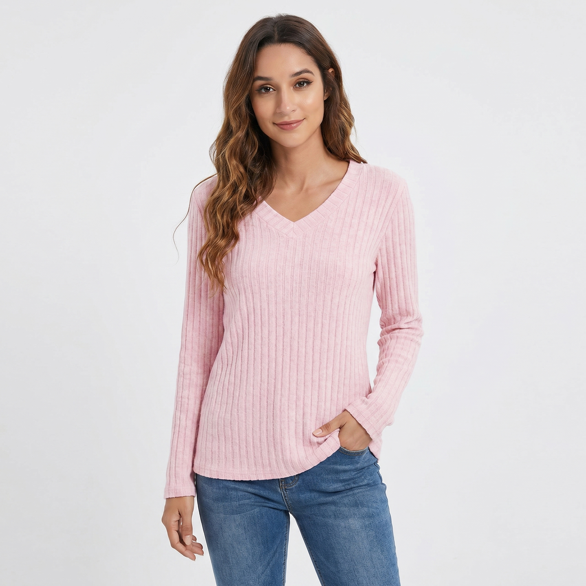 Women's Ribbed V-Neck Long-Sleeve Soft Knit Pullover Winter Sweater