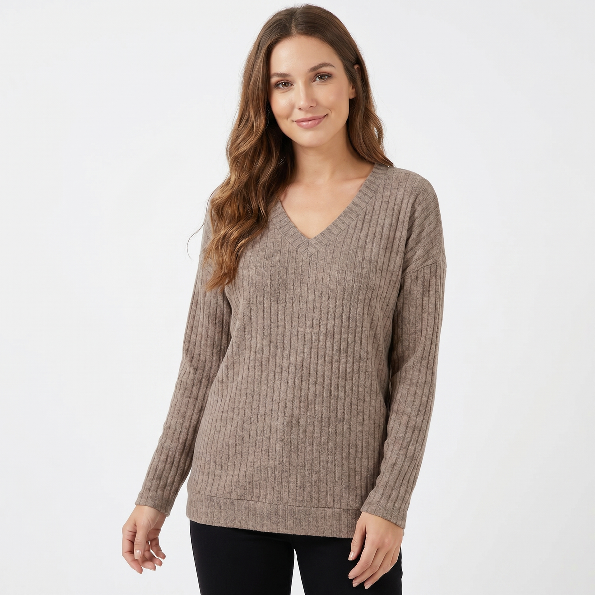 Women's Ribbed V-Neck Long-Sleeve Soft Knit Pullover Winter Sweater