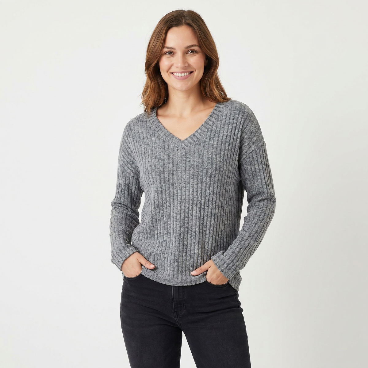 Women's Ribbed V-Neck Long-Sleeve Soft Knit Pullover Winter Sweater