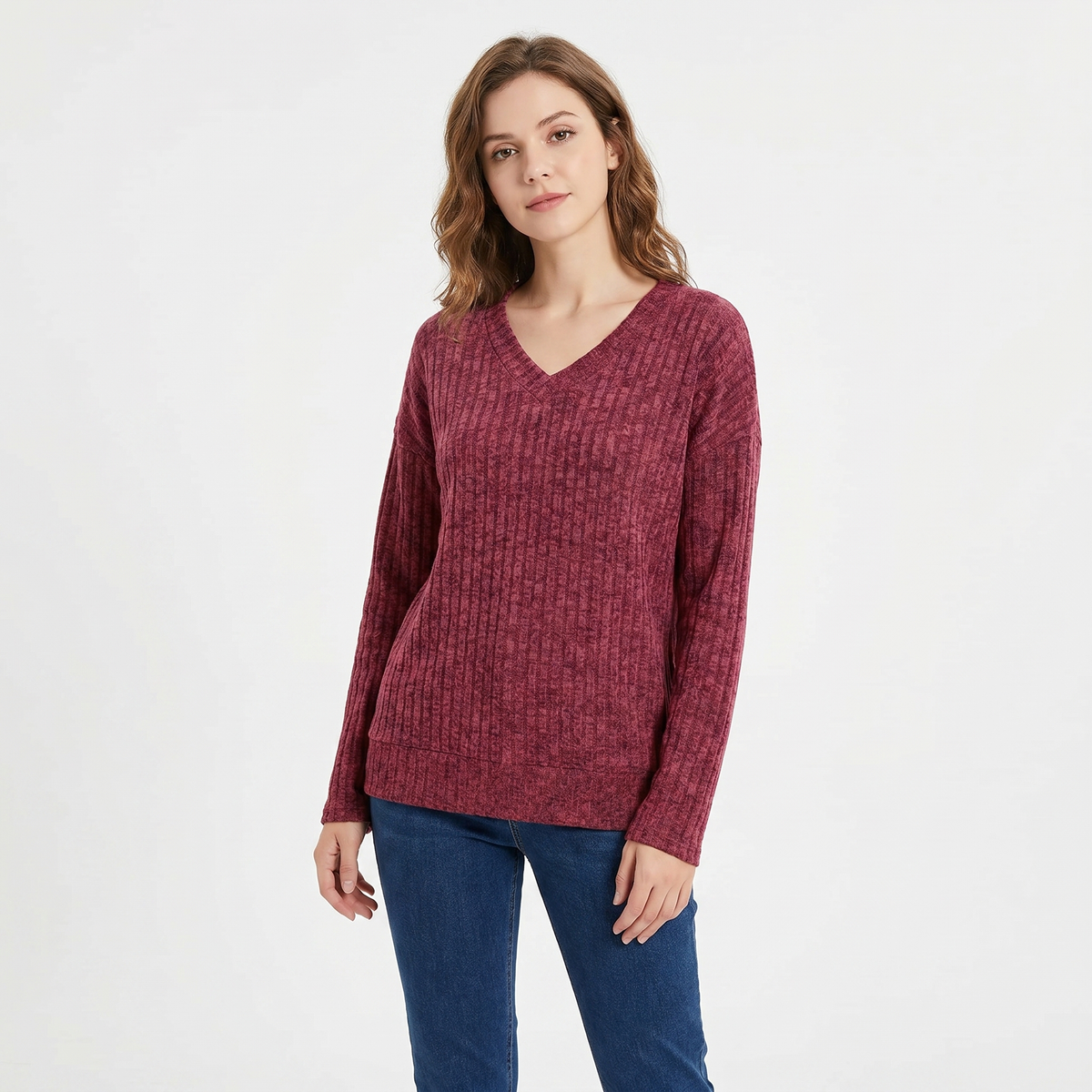 Women's Ribbed V-Neck Long-Sleeve Soft Knit Pullover Winter Sweater