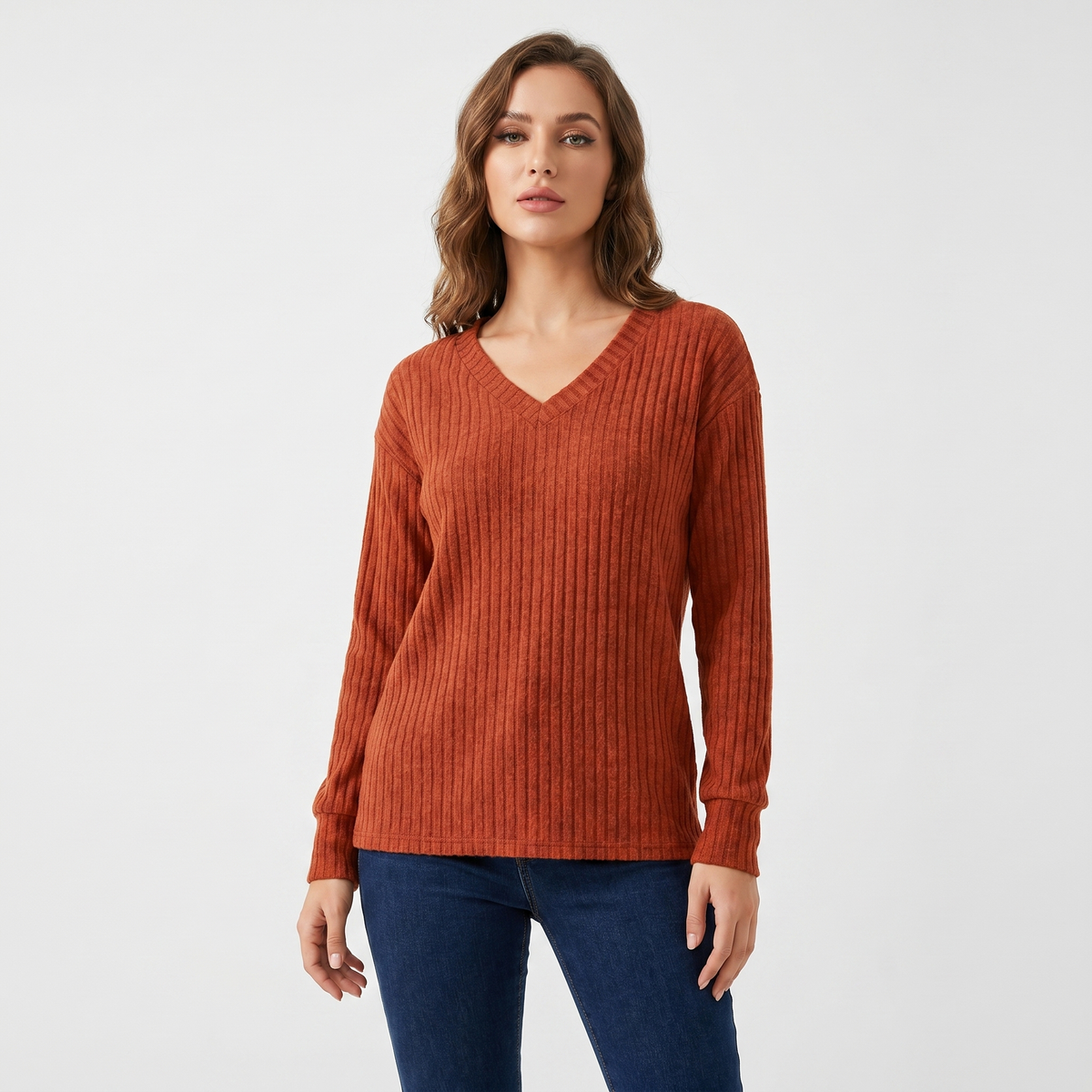 Women's Ribbed V-Neck Long-Sleeve Soft Knit Pullover Winter Sweater