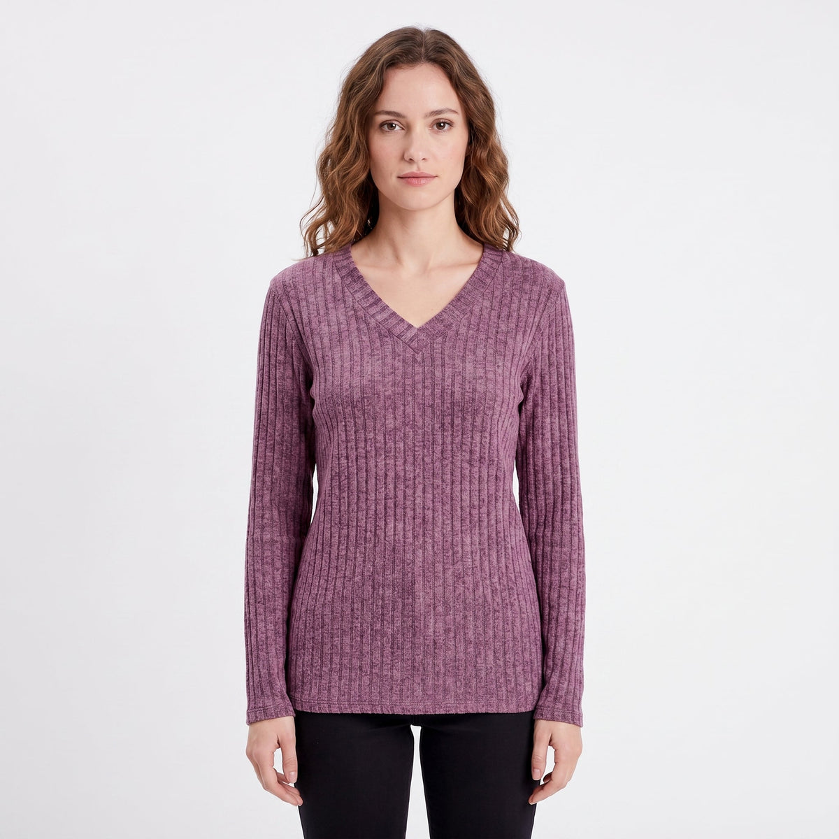 Women's Ribbed V-Neck Long-Sleeve Soft Knit Pullover Winter Sweater