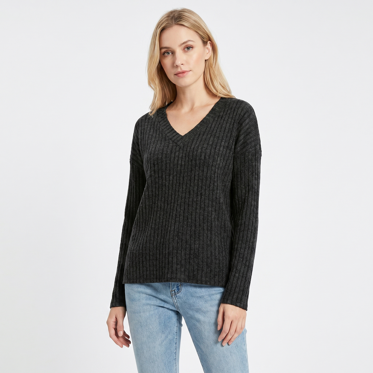 Women's Ribbed V-Neck Long-Sleeve Soft Knit Pullover Winter Sweater