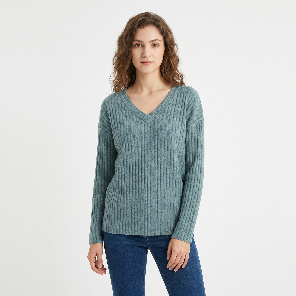 Women's Ribbed V-Neck Long-Sleeve Soft Knit Pullover Winter Sweater
