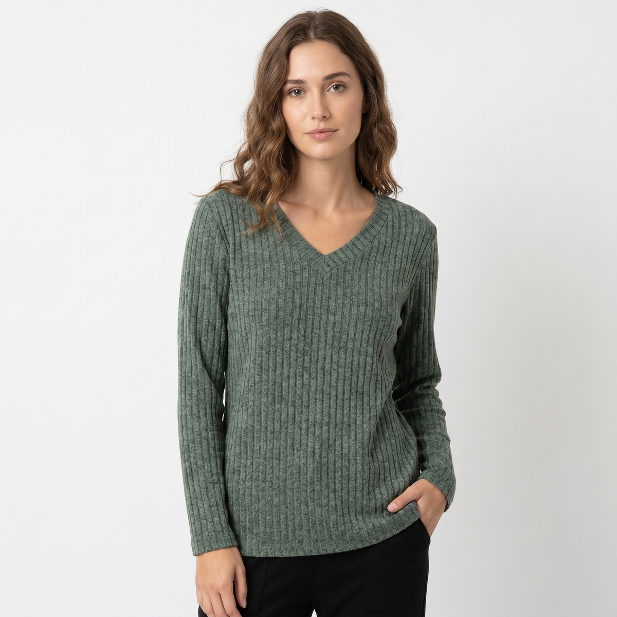 Women's Ribbed V-Neck Long-Sleeve Soft Knit Pullover Winter Sweater