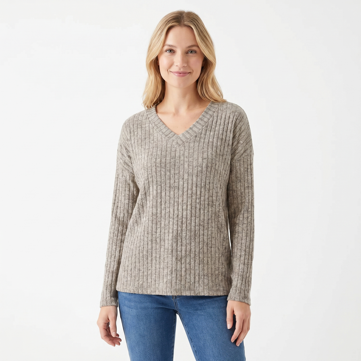 Women's Ribbed V-Neck Long-Sleeve Soft Knit Pullover Winter Sweater