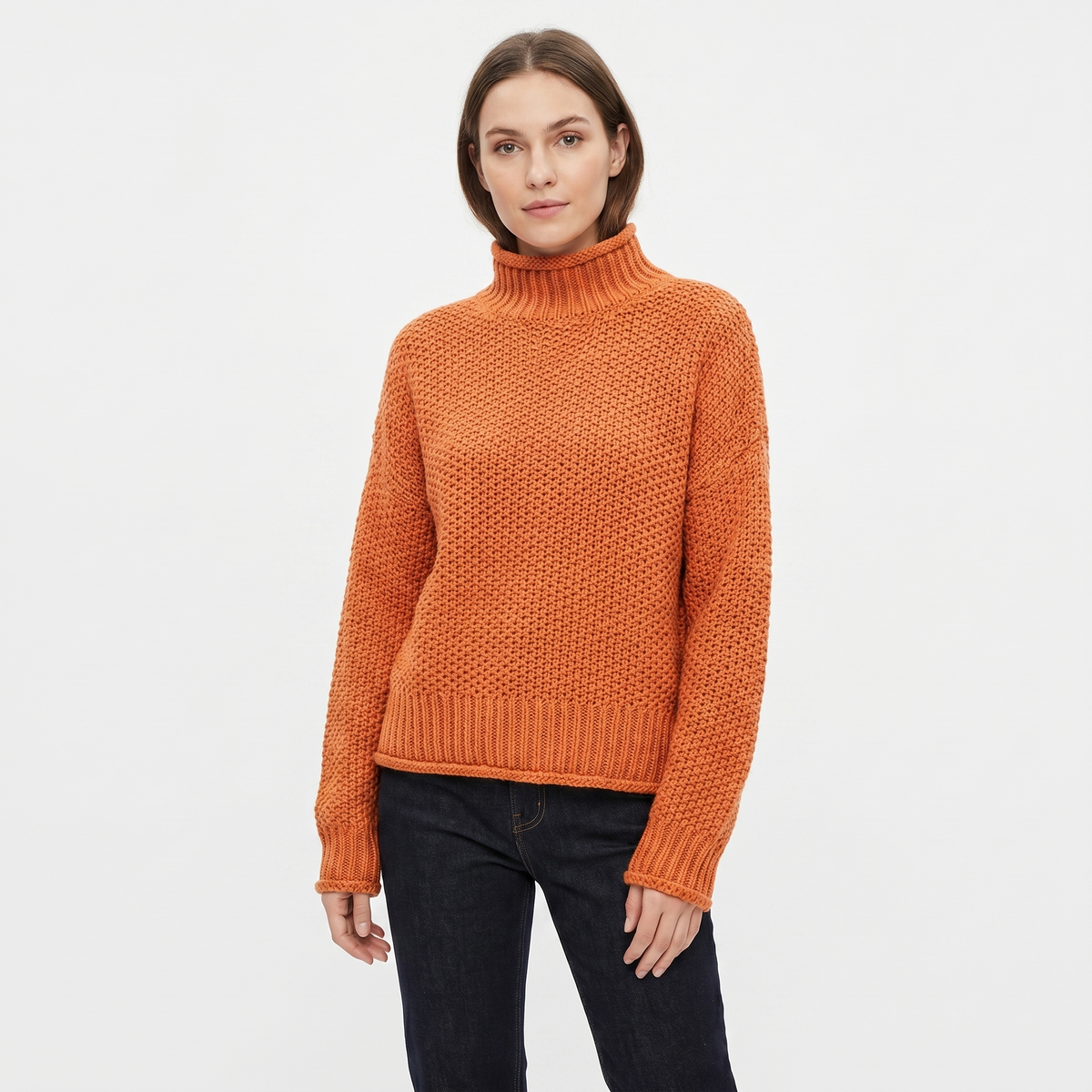 Women's Chunky Knit Mock-Neck Oversized Waffle Stitch Pullover Sweater