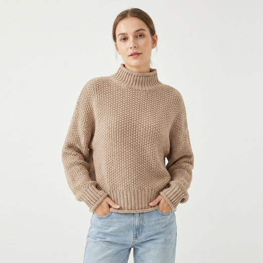 Women's Chunky Knit Mock-Neck Oversized Waffle Stitch Pullover Sweater
