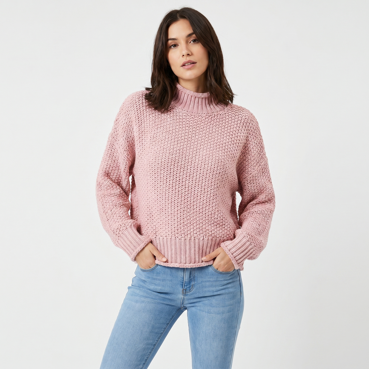 Women's Chunky Knit Mock-Neck Oversized Waffle Stitch Pullover Sweater
