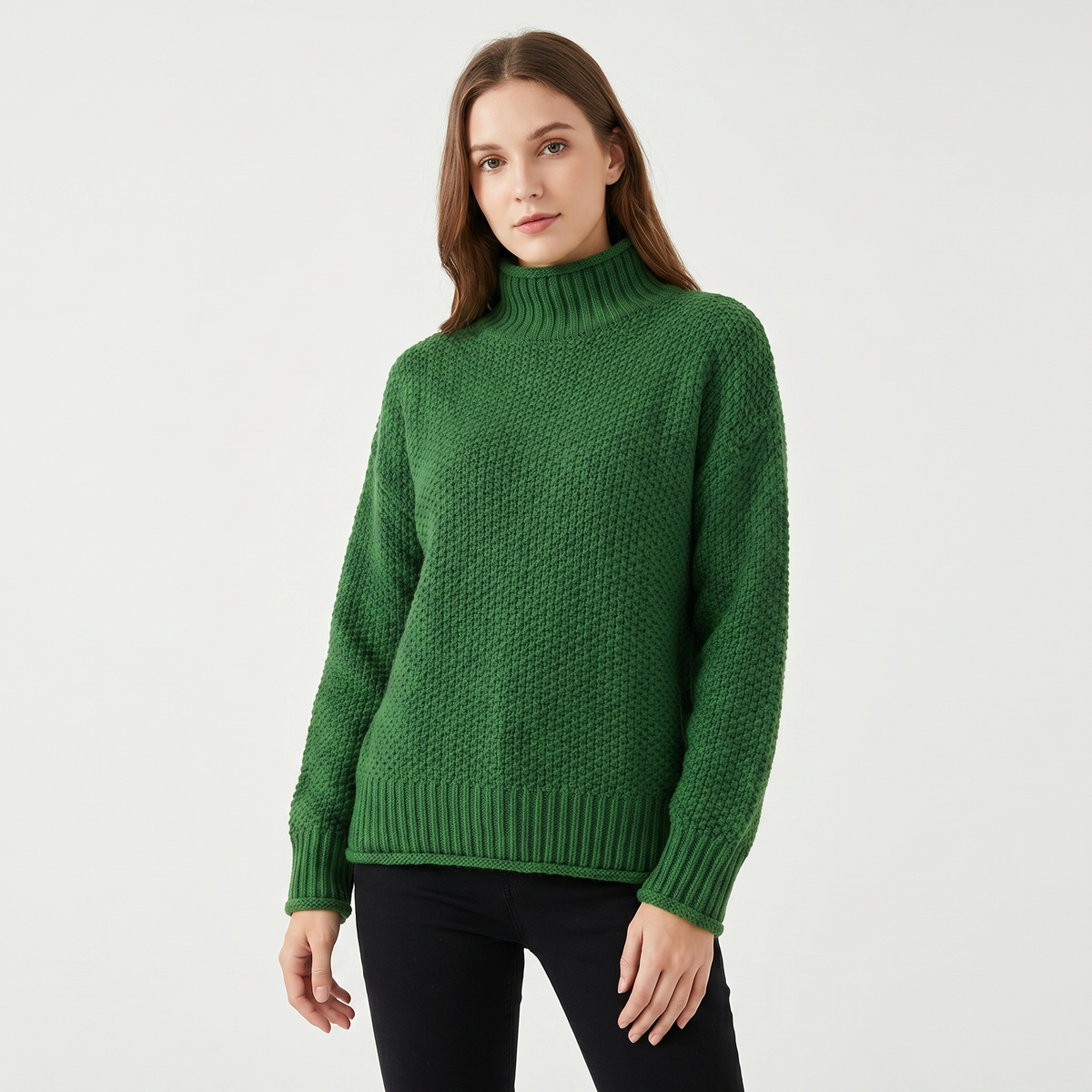 Women's Chunky Knit Mock-Neck Oversized Waffle Stitch Pullover Sweater