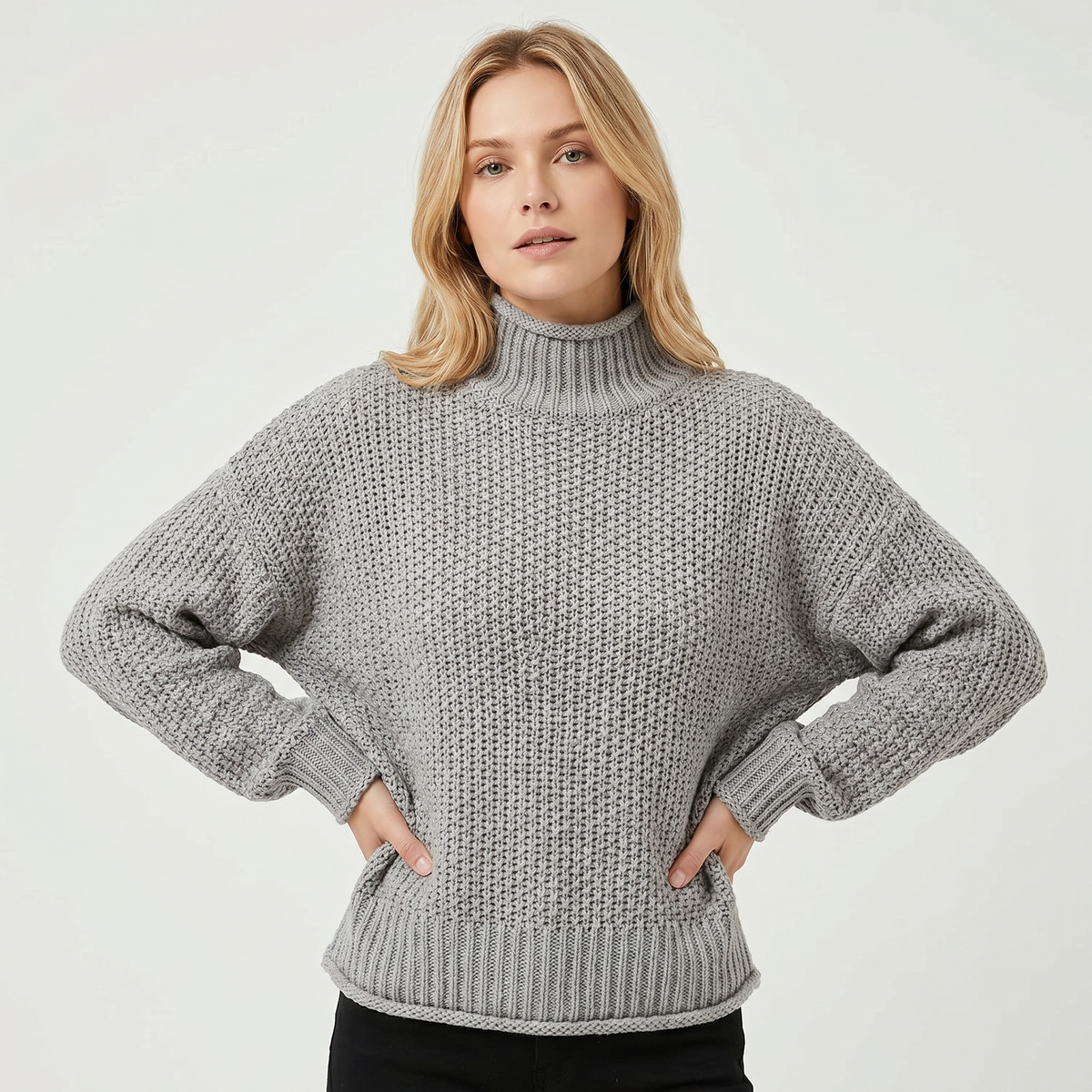 Women's Chunky Knit Mock-Neck Oversized Waffle Stitch Pullover Sweater