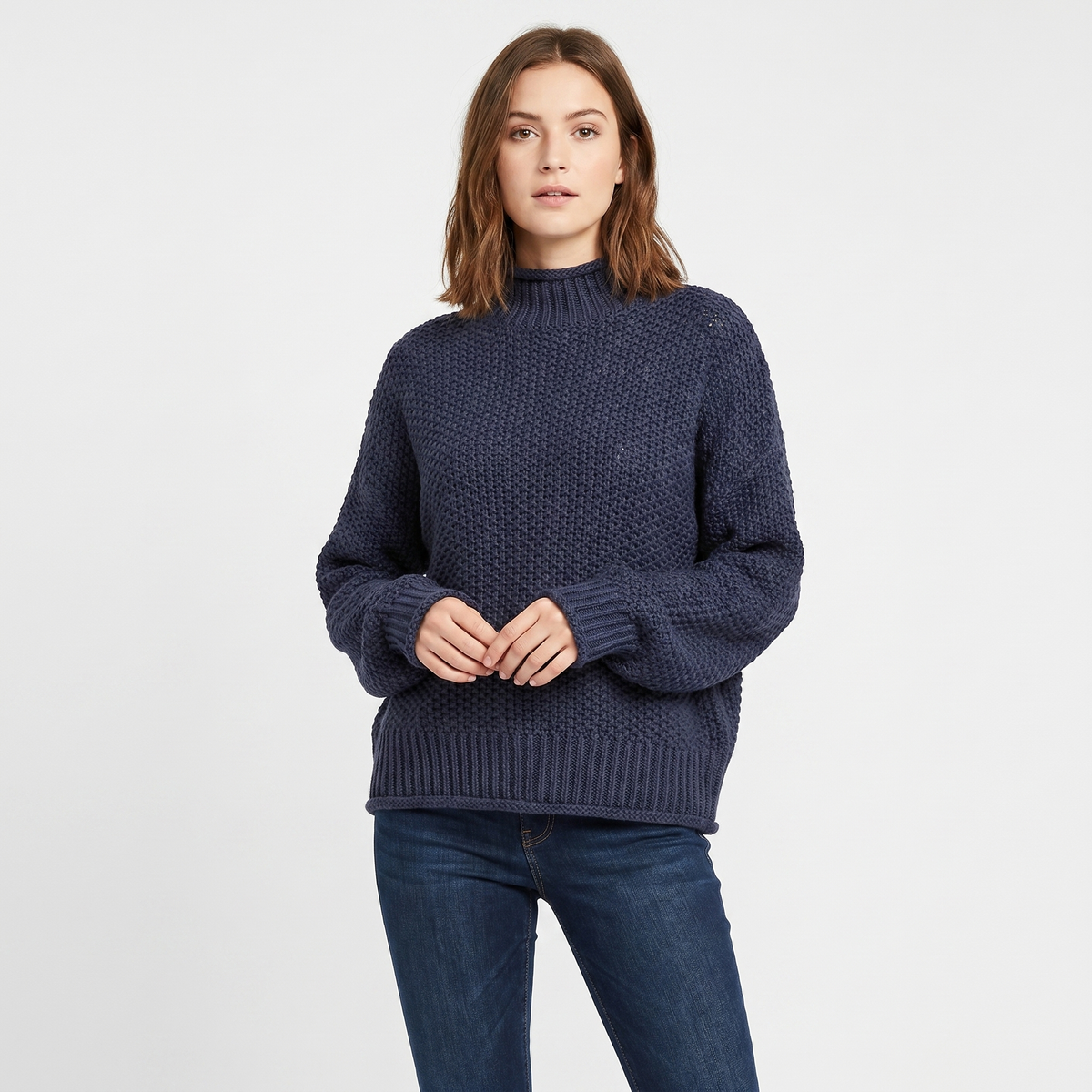Women's Chunky Knit Mock-Neck Oversized Waffle Stitch Pullover Sweater