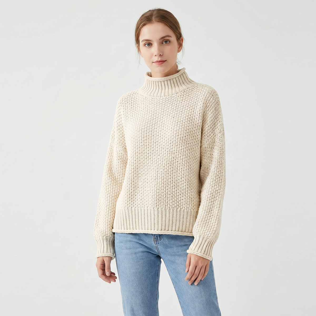 Women's Chunky Knit Mock-Neck Oversized Waffle Stitch Pullover Sweater