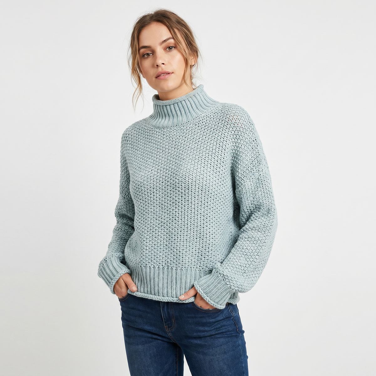 Women's Chunky Knit Mock-Neck Oversized Waffle Stitch Pullover Sweater