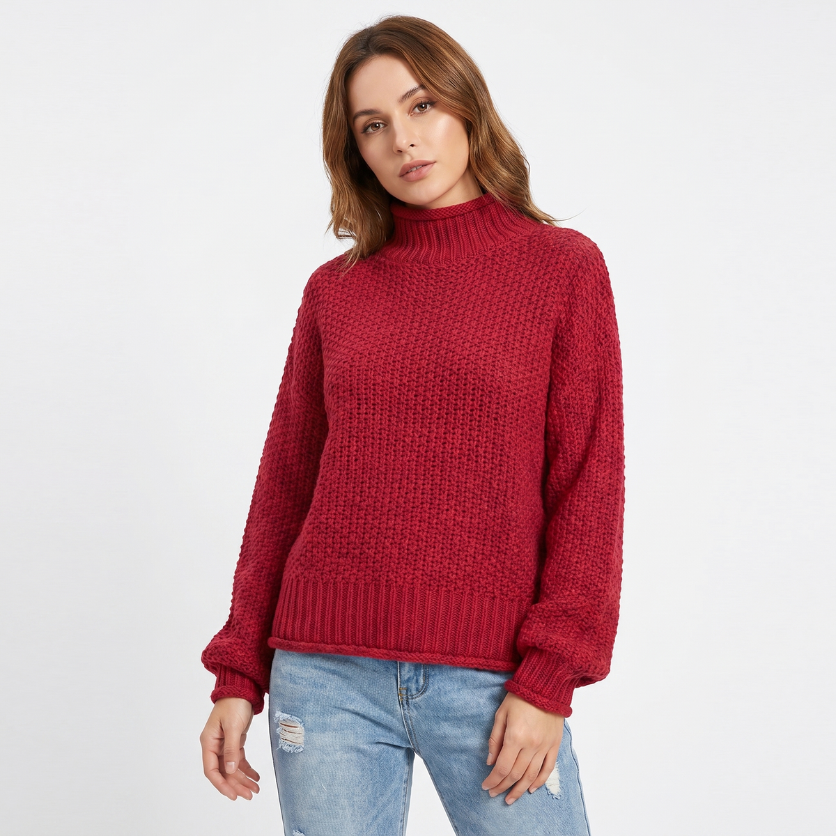 Women's Chunky Knit Mock-Neck Oversized Waffle Stitch Pullover Sweater