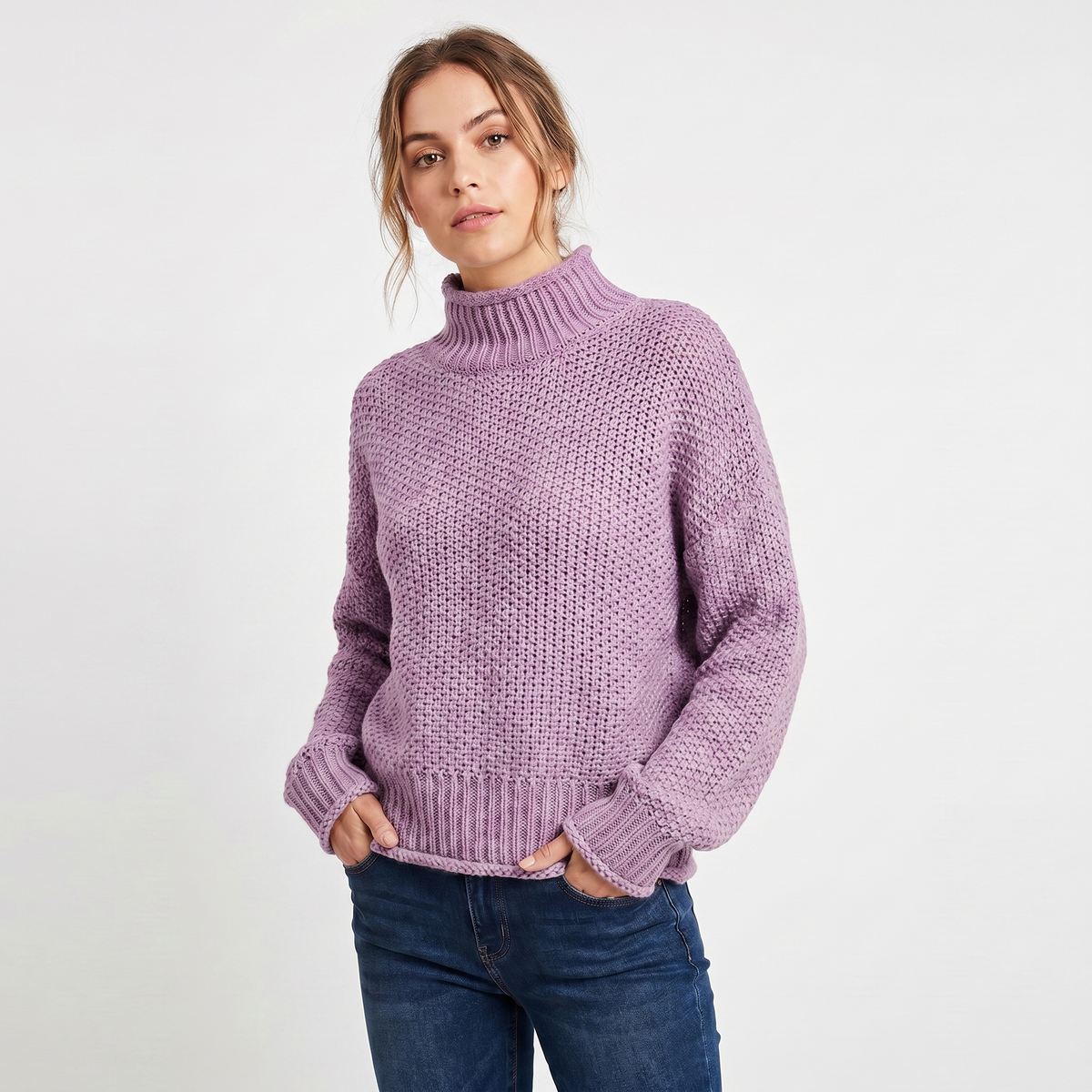 Women's Chunky Knit Mock-Neck Oversized Waffle Stitch Pullover Sweater