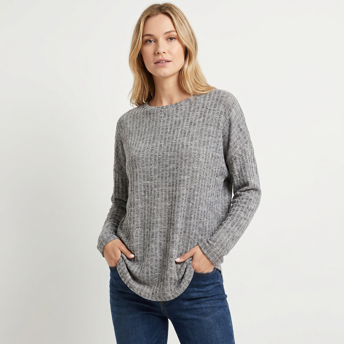 Women's Chenille Waffle Knit Top Boat-Neck Long-Sleeve Relaxed Curved Hem