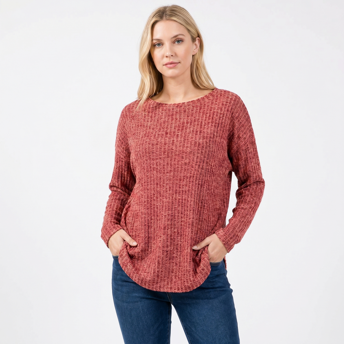 Women's Chenille Waffle Knit Top Boat-Neck Long-Sleeve Relaxed Curved Hem