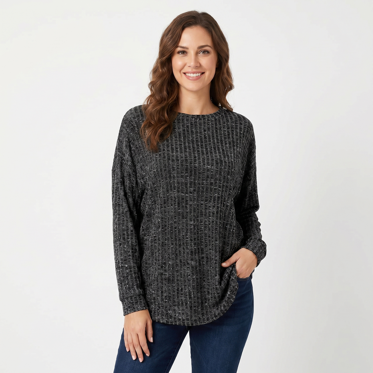 Women's Chenille Waffle Knit Top Boat-Neck Long-Sleeve Relaxed Curved Hem