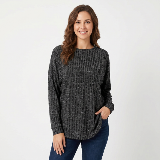 Women's Chenille Waffle Knit Top Boat-Neck Long-Sleeve Relaxed Curved Hem