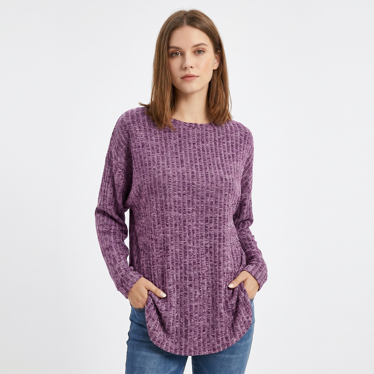 Women's Chenille Waffle Knit Top Boat-Neck Long-Sleeve Relaxed Curved Hem