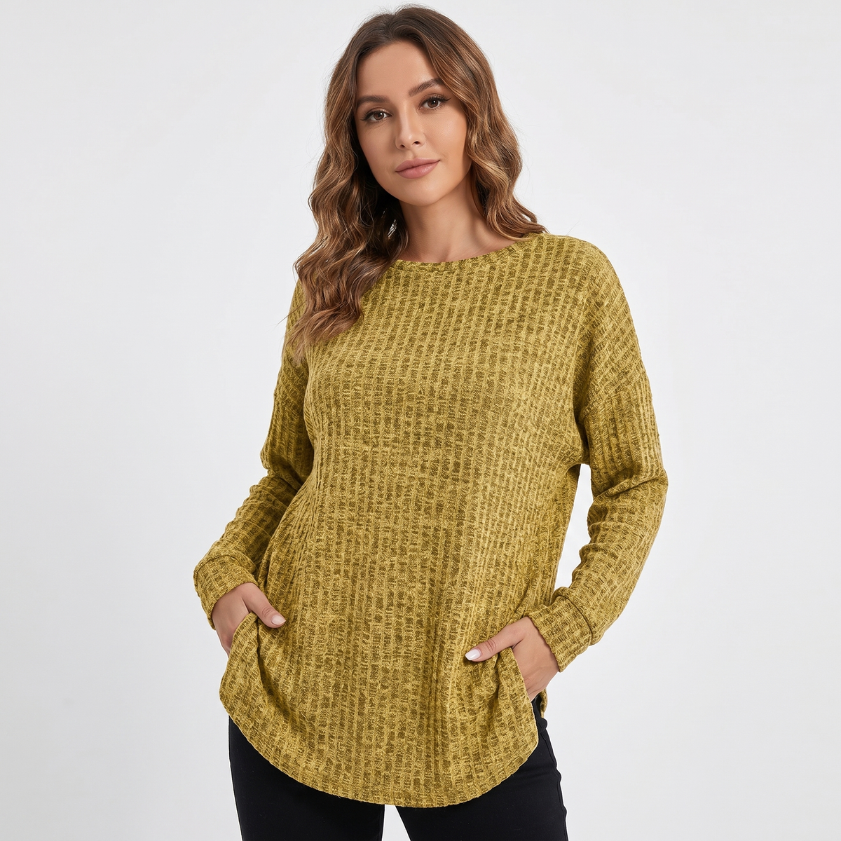 Women's Chenille Waffle Knit Top Boat-Neck Long-Sleeve Relaxed Curved Hem