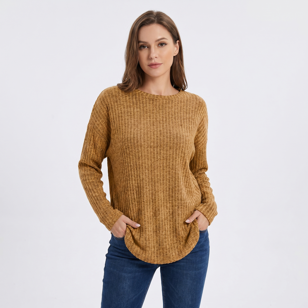Women's Chenille Waffle Knit Top Boat-Neck Long-Sleeve Relaxed Curved Hem