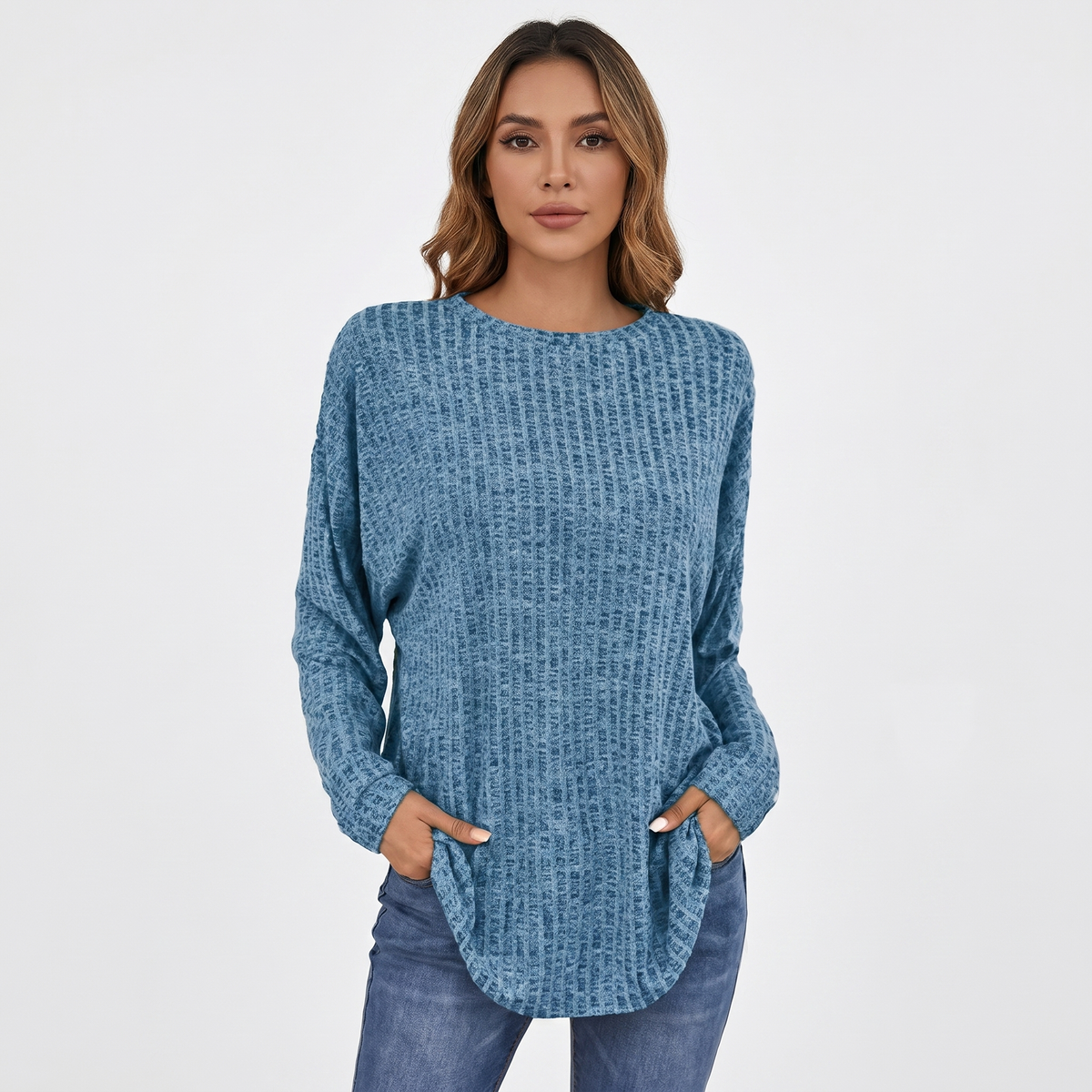 Women's Chenille Waffle Knit Top Boat-Neck Long-Sleeve Relaxed Curved Hem