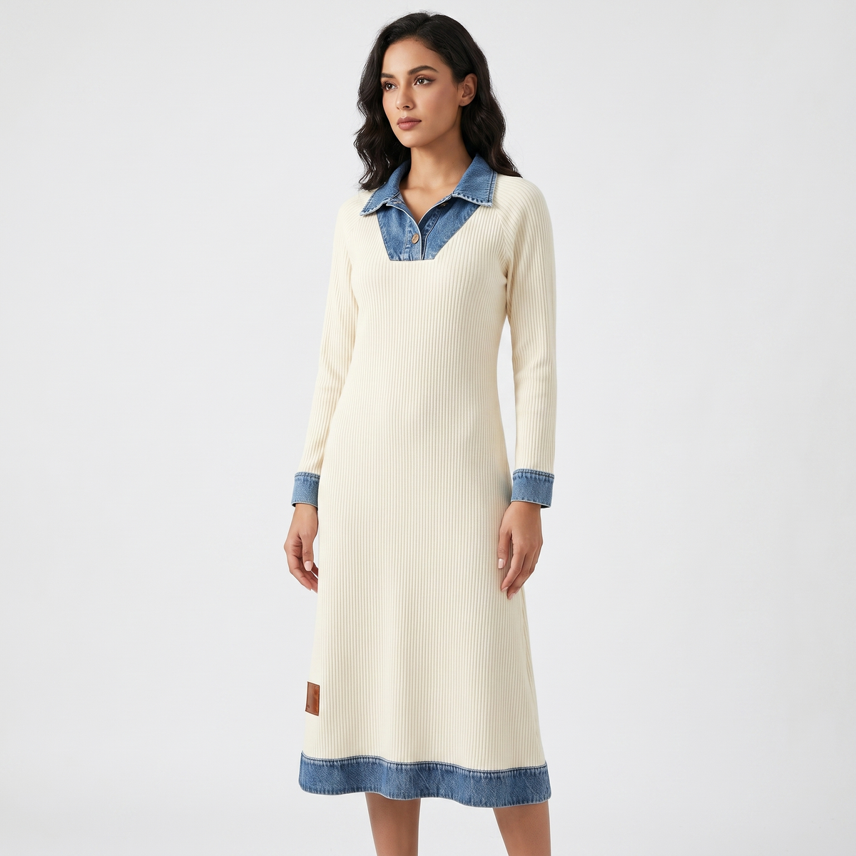 Vestito midi di jeans da donna con bordi a maglia a contrasto scollo a V maniche lunghe linea ad A casual