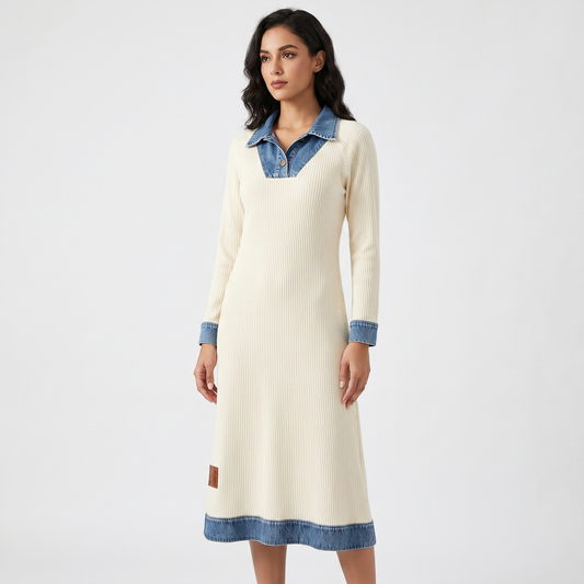 Women's Denim Midi Dress Contrast Knit Trim V-Neck Long-Sleeve A-Line