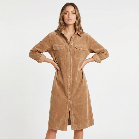 Women's Corduroy Shirt Midi Length Button Front Long-Sleeve Autumn Dress