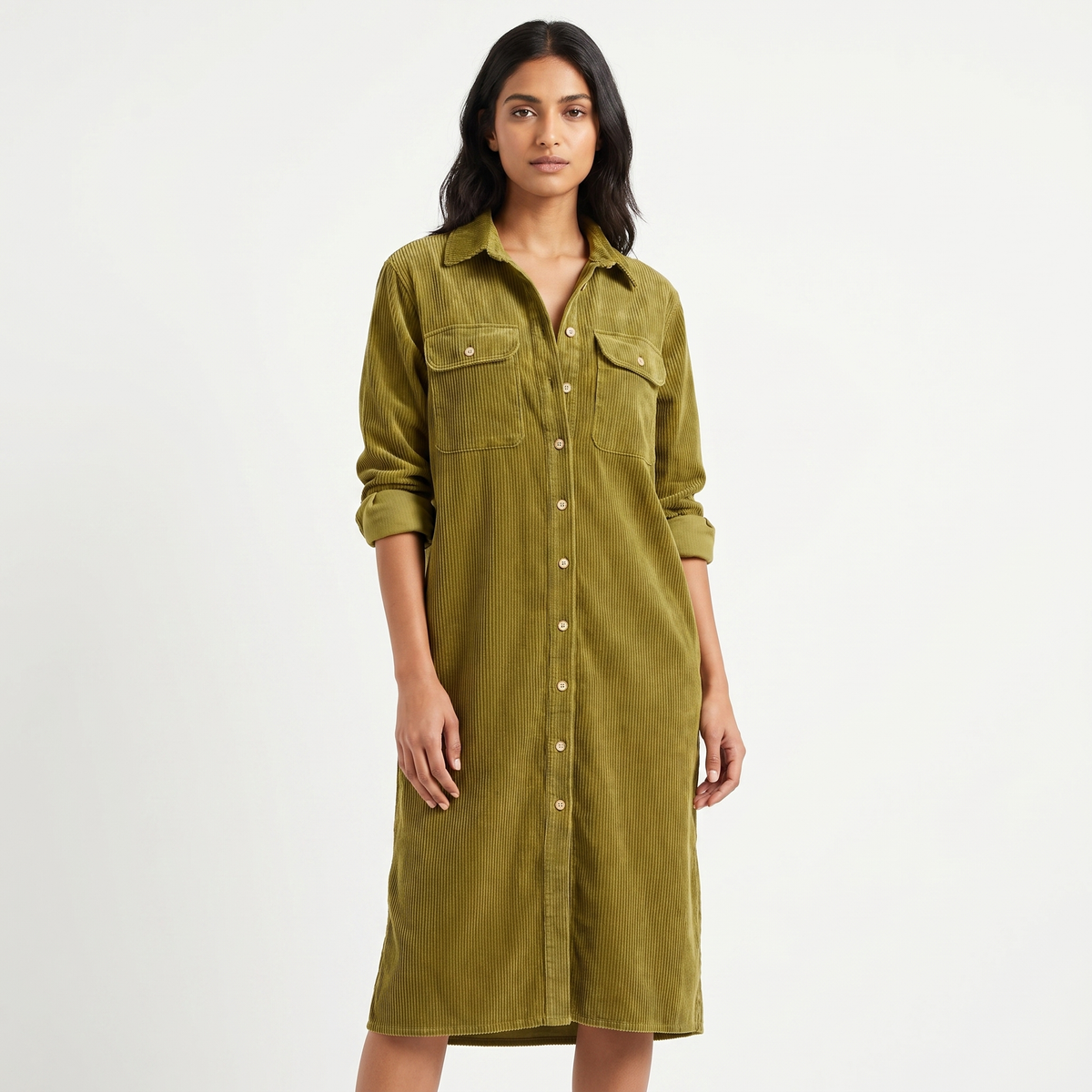 Women's Corduroy Shirt Midi Length Button Front Long-Sleeve Autumn Dress