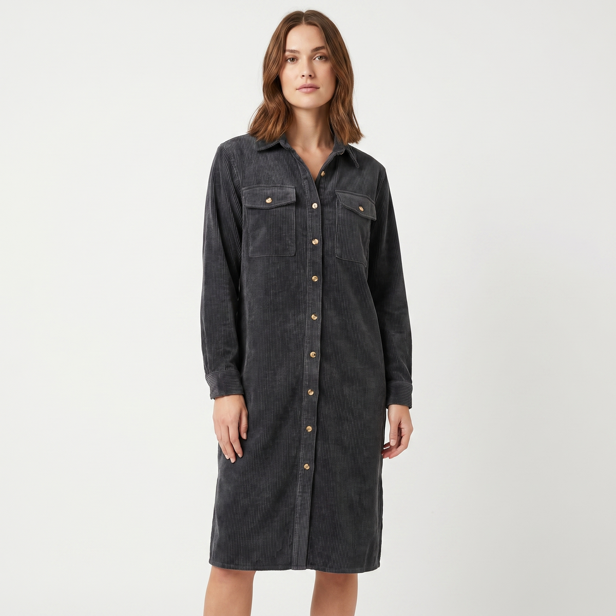 Women's Corduroy Shirt Midi Length Button Front Long-Sleeve Autumn Dress