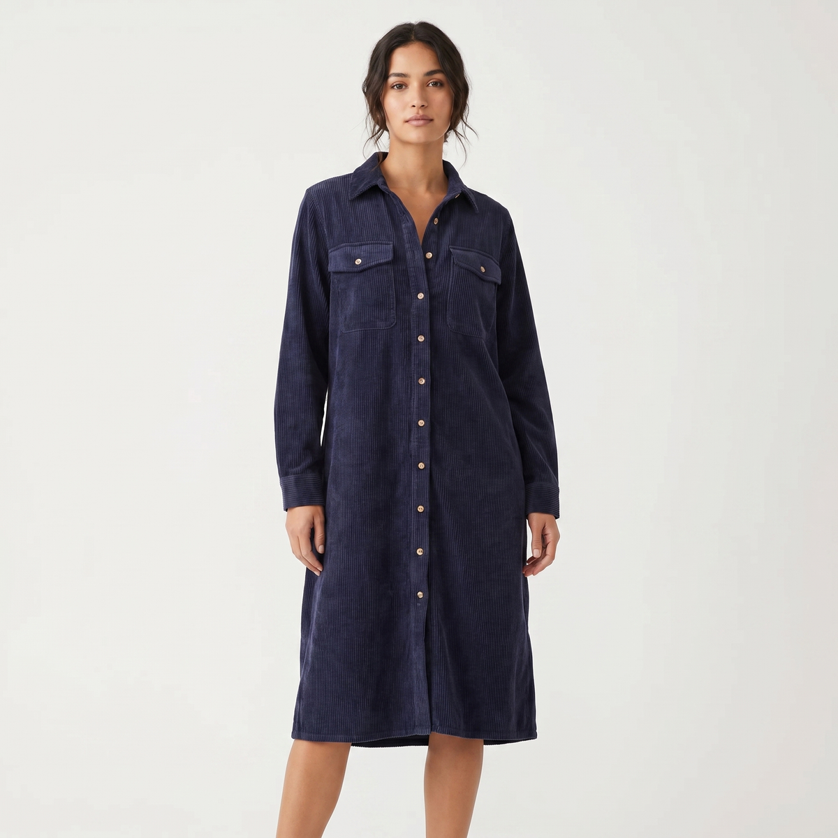 Women's Corduroy Shirt Midi Length Button Front Long-Sleeve Autumn Dress