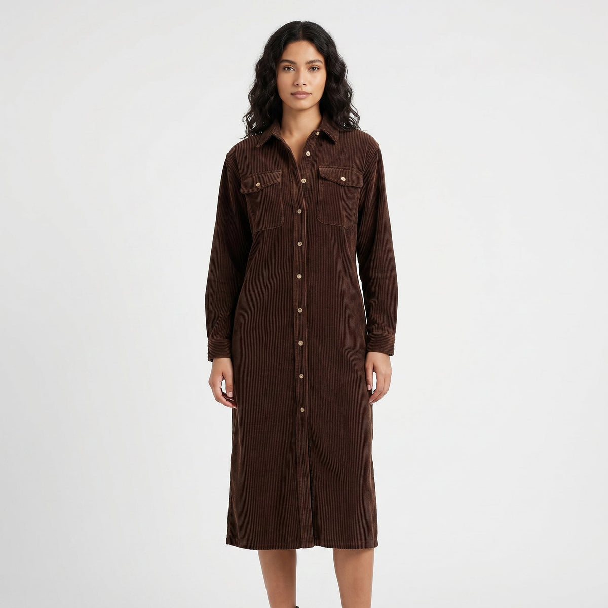 Women's Corduroy Shirt Midi Length Button Front Long-Sleeve Autumn Dress