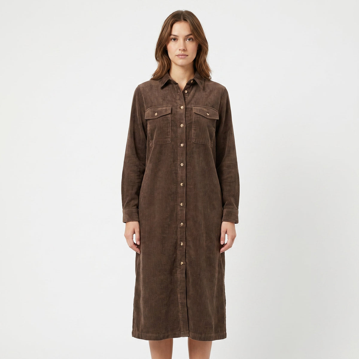 Women's Corduroy Shirt Midi Length Button Front Long-Sleeve Autumn Dress
