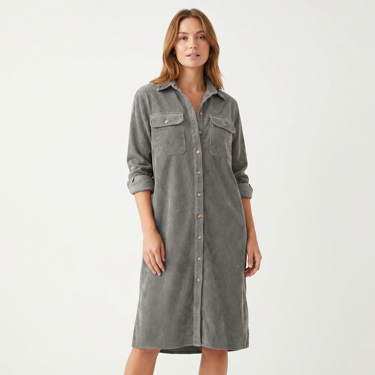 Women's Corduroy Shirt Midi Length Button Front Long-Sleeve Autumn Dress