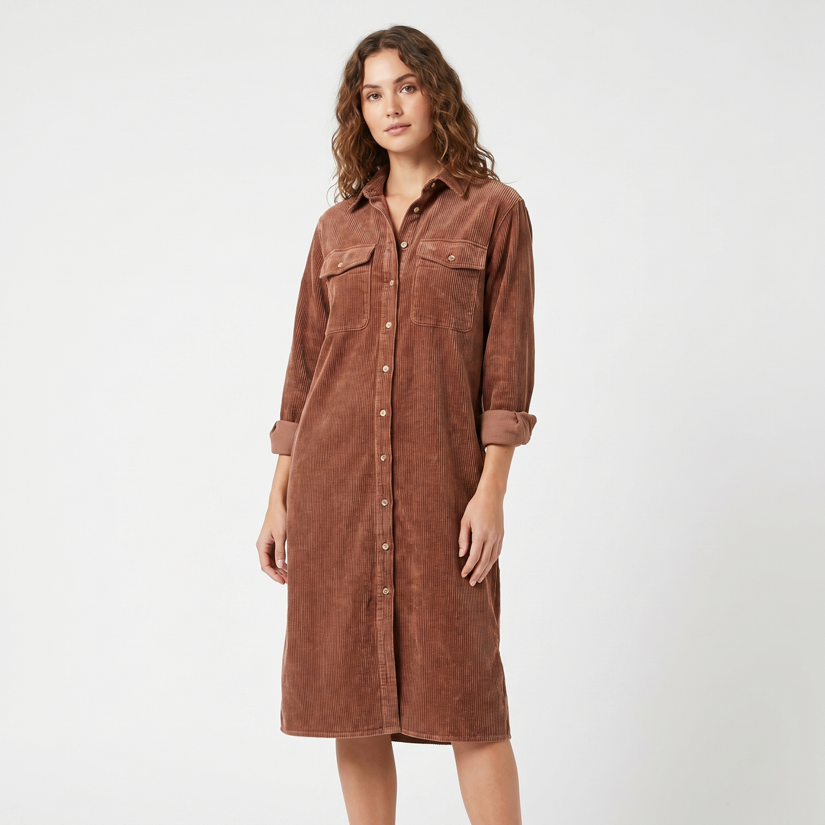 Women's Corduroy Shirt Midi Length Button Front Long-Sleeve Autumn Dress