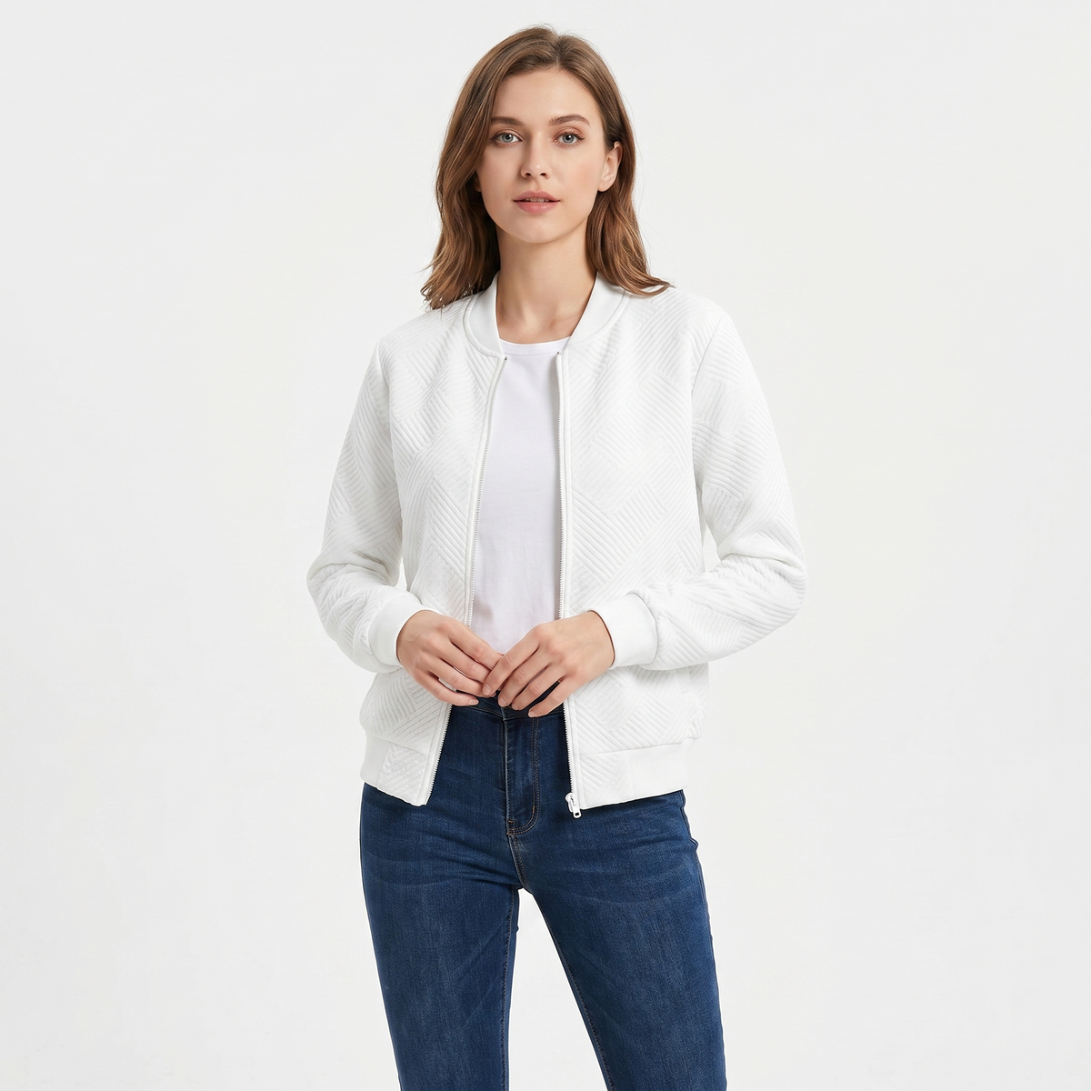 Women's Quilted Bomber Jacket Suede Effect Diamond Quilt Zip-Up Autumn Coat