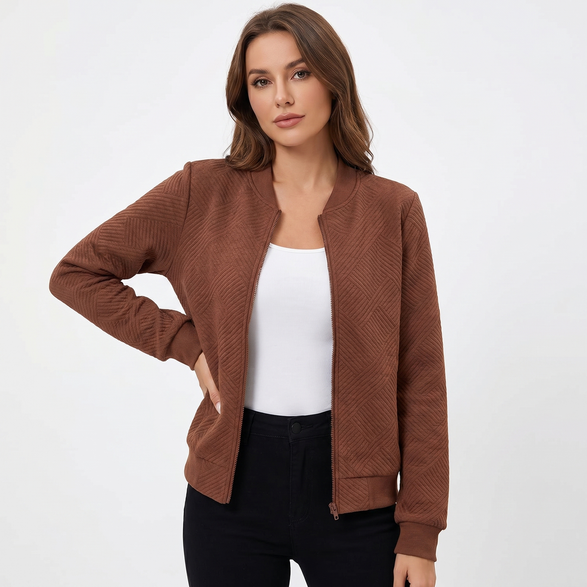 Women's Quilted Bomber Jacket Suede Effect Diamond Quilt Zip-Up Autumn Coat