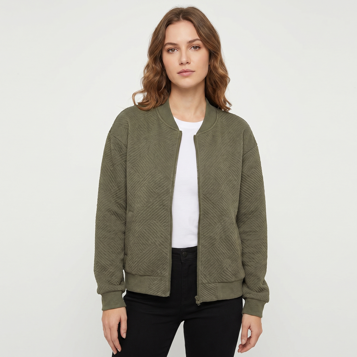 Women's Quilted Bomber Jacket Suede Effect Diamond Quilt Zip-Up Autumn Coat