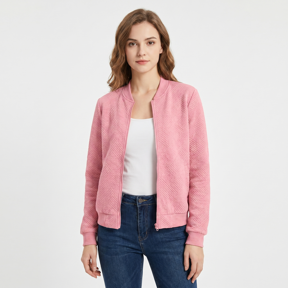 Women's Quilted Bomber Jacket Suede Effect Diamond Quilt Zip-Up Autumn Coat