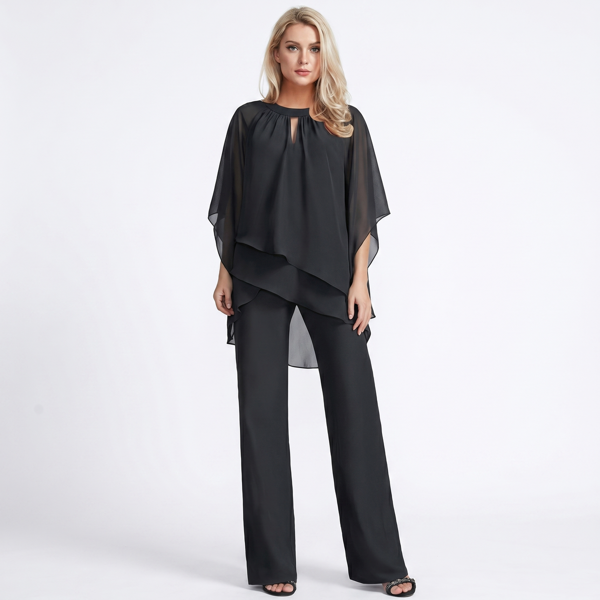 Women's Two-Piece Pants Set Chiffon Cape Winter Top Wide-Leg Evening