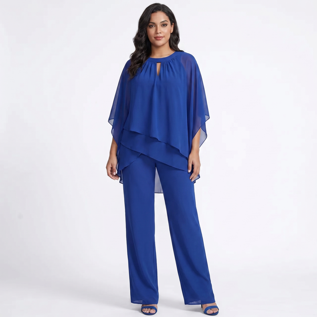 Women's Two-Piece Pants Set Chiffon Cape Winter Top Wide-Leg Evening