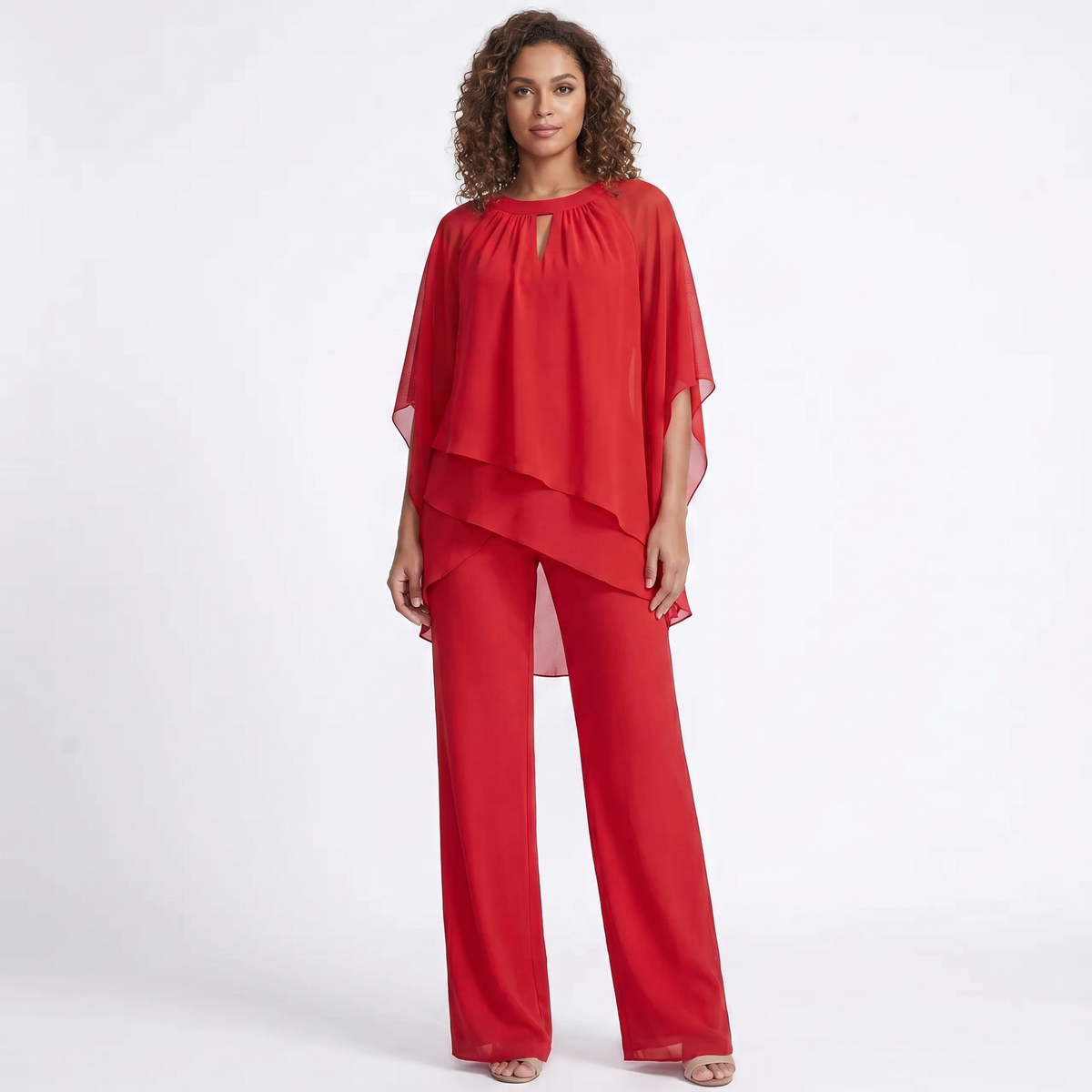 Women's Two-Piece Pants Set Chiffon Cape Winter Top Wide-Leg Evening